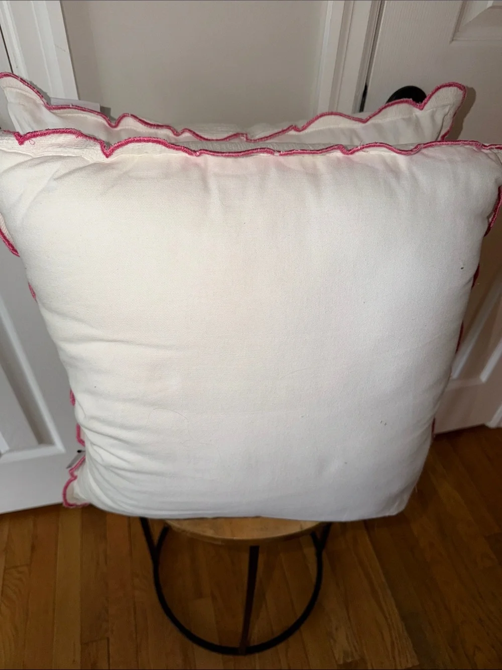 White Decorative Throw Pillows with Pink Scalloped Edge- Set of 2